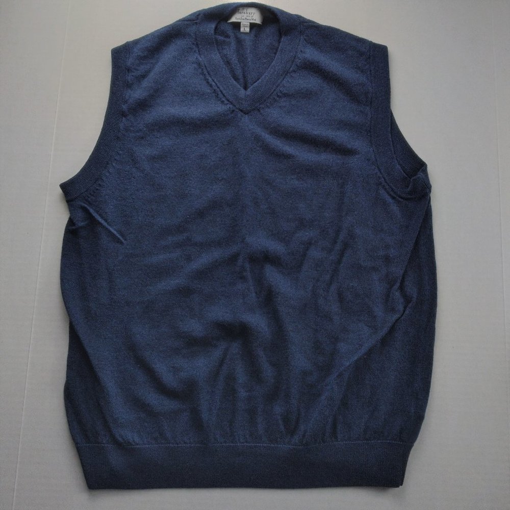 TURNBURY Mens Sweater Vest Size Large Navy Blue V-Neck Merino Wool Knit